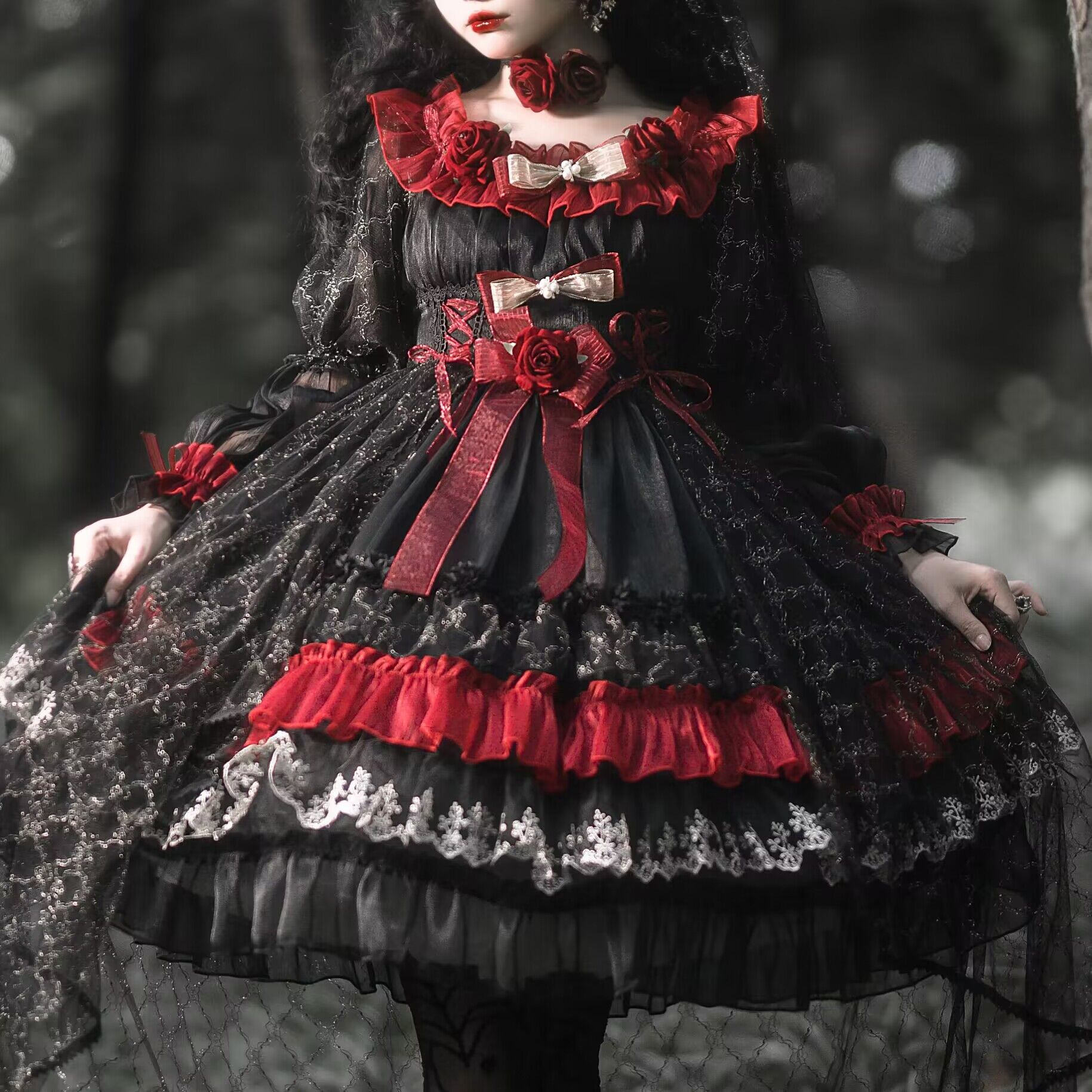 红色原创款墙华丽纯色黑红一团sp之夜柏莉lolita洛丽塔