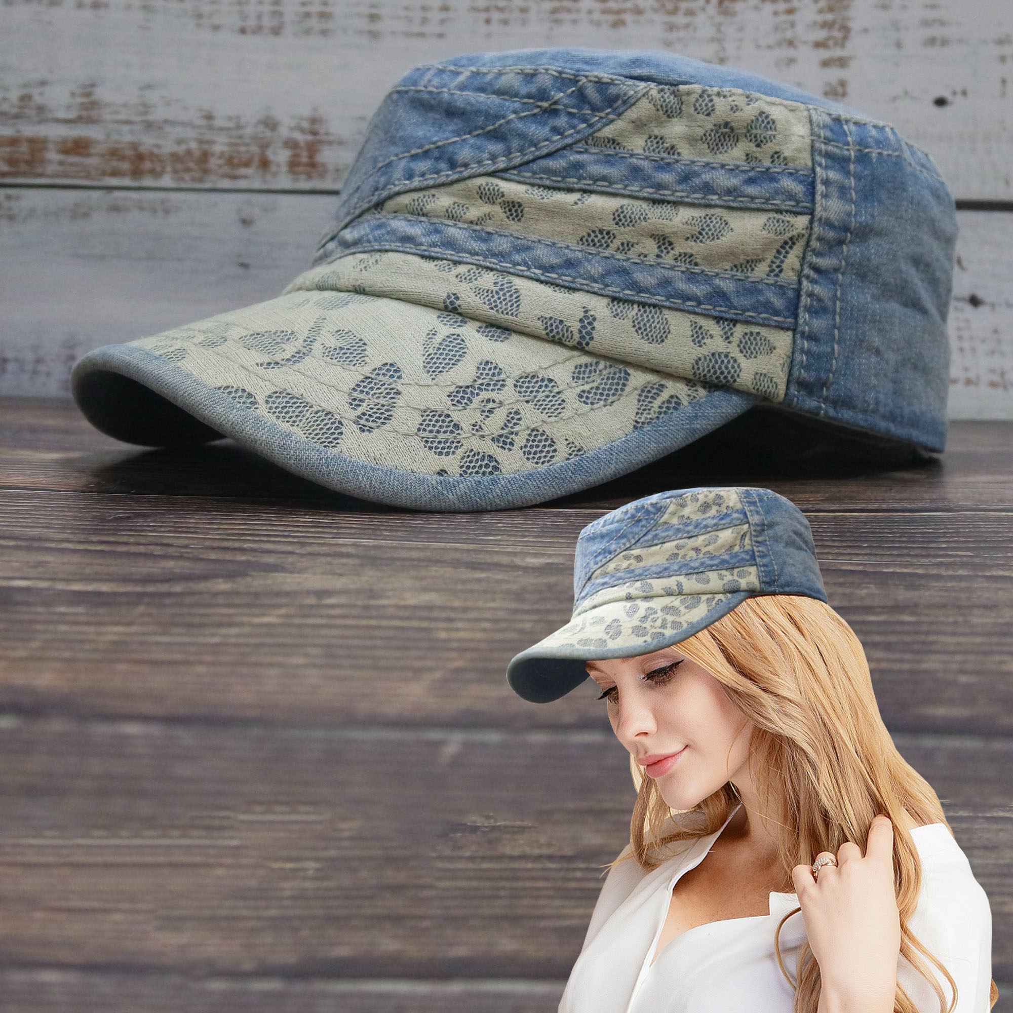 帽子平顶顶帽女夏时尚时尚牛牛仔布鸭舌花朵蕾丝帽子