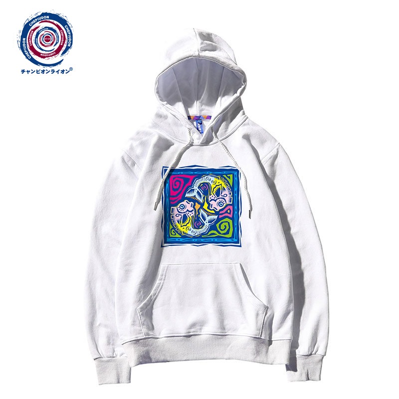 冠军狮丹卫衣男秋冬季连帽薄款情侣装复古港风chic长袖白色带帽衫