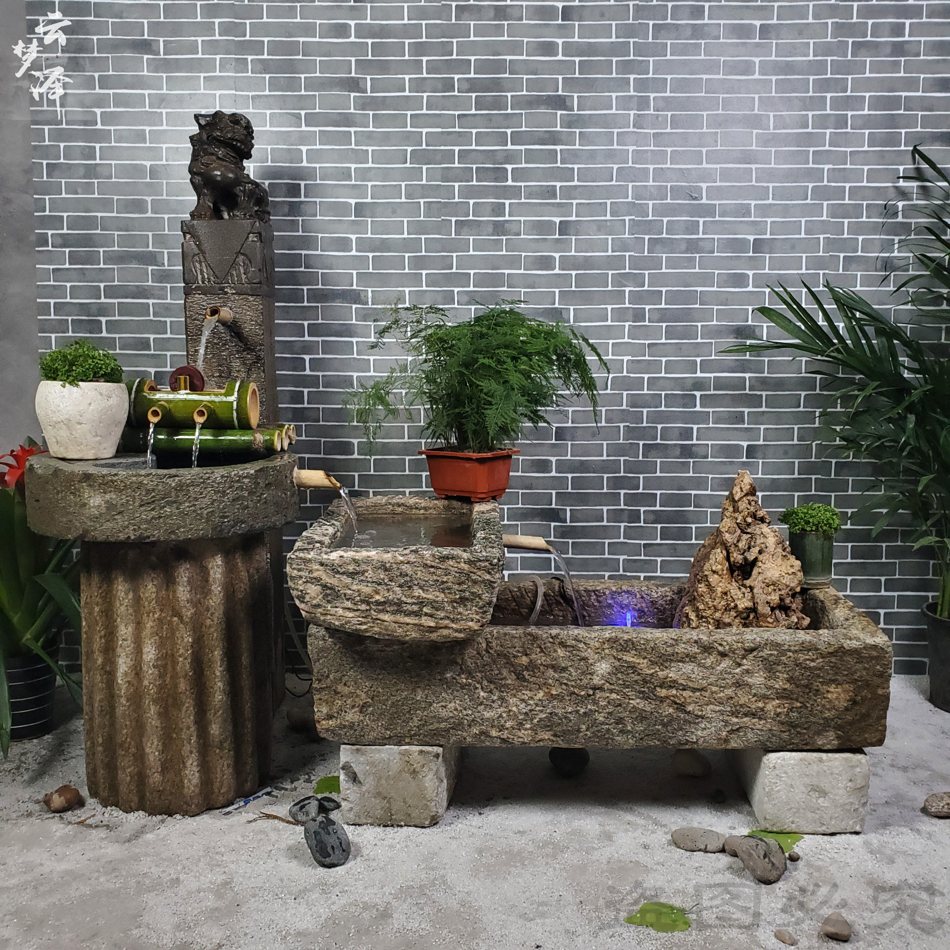 流水老石室内养鱼石头摆件鱼缸槽子石槽子宝盆石雕