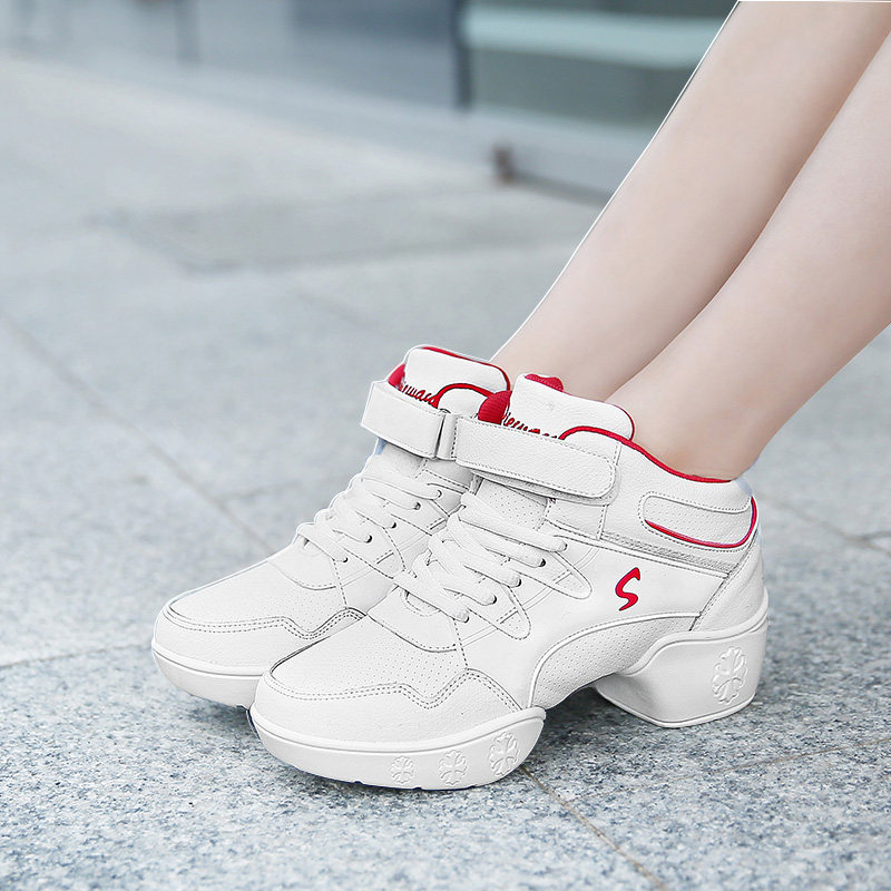 白色舞蹈鞋女真真皮广场舞鞋带中跟增高冬季现代现代舞鞋