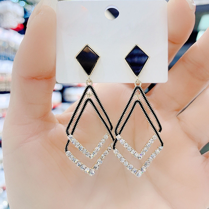 新款气质网红银针耳环韩国黑色双菱菱形耳坠耳环