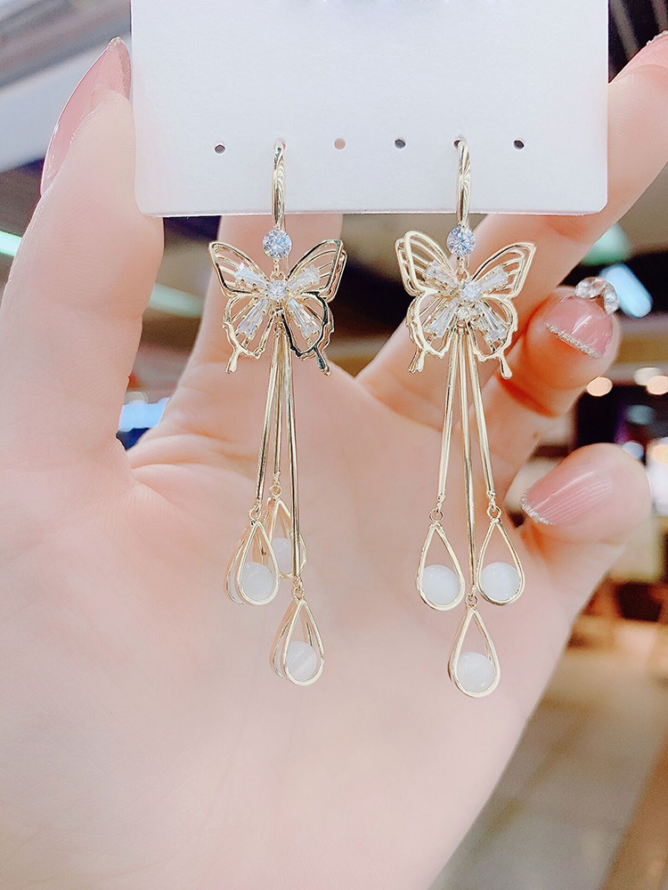 超仙蝴蝶水晶流苏耳环长款2022年新款冷淡风气耳环