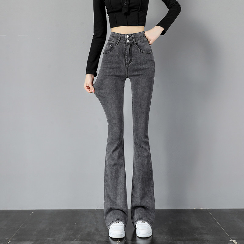 黑灰色喇叭牛仔裤女裤子女2022新款显瘦高腰冬季加绒弹力微喇长裤