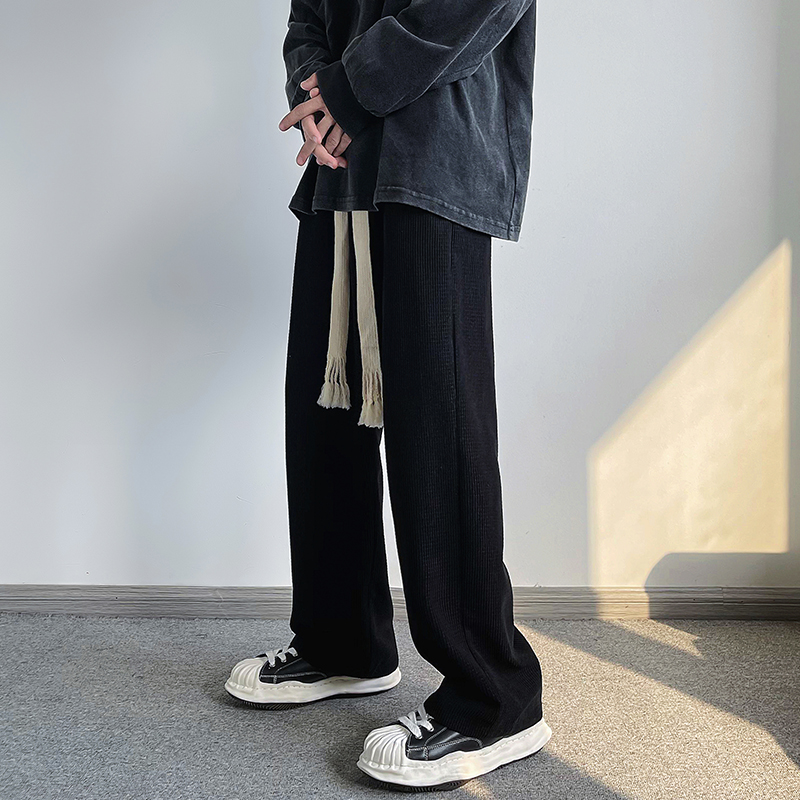 编织带松紧腰裤子男拖地宽松垂感华夫格高街卫裤大码中性阔腿长裤