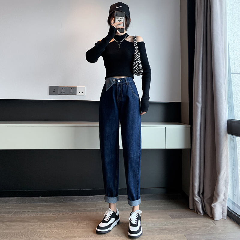 老爹牛仔裤女深蓝色2021年新款秋冬季高腰显瘦宽松加绒萝卜哈伦裤