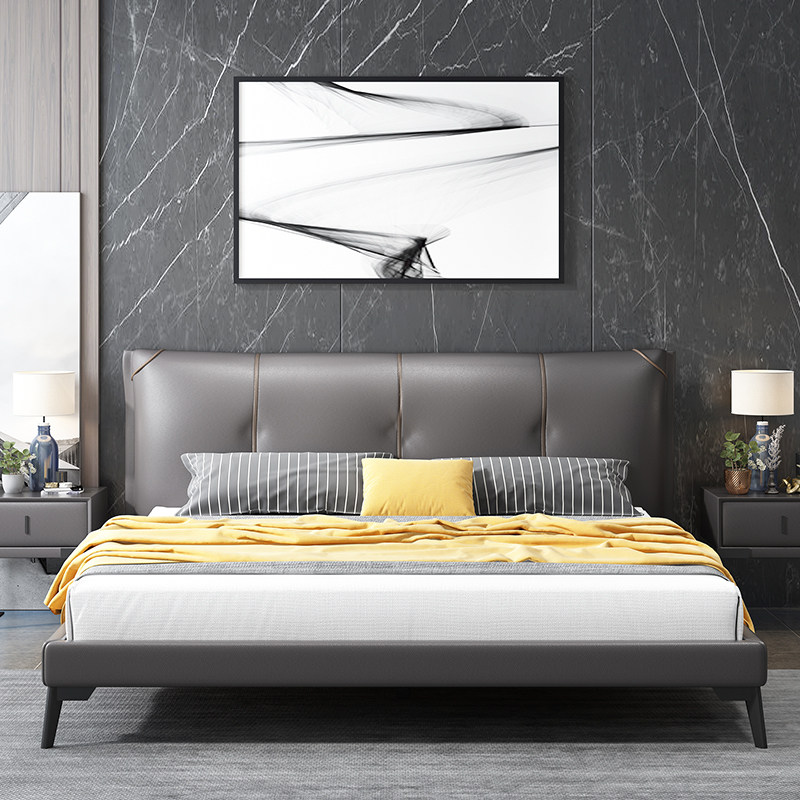 意式轻奢真皮床头牛皮简约现代储物软包18米皮艺床