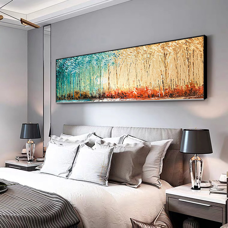 手绘抽象发财树油画厚肌现代轻奢卧室装饰画床头油画