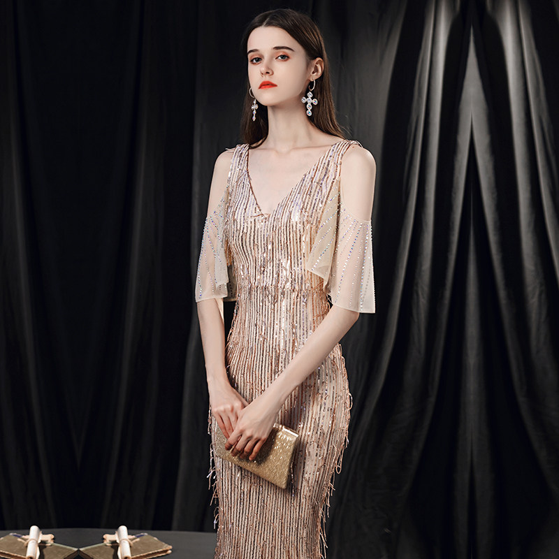 金色晚礼服裙女2021新款高端宴会奢华气质重工礼服