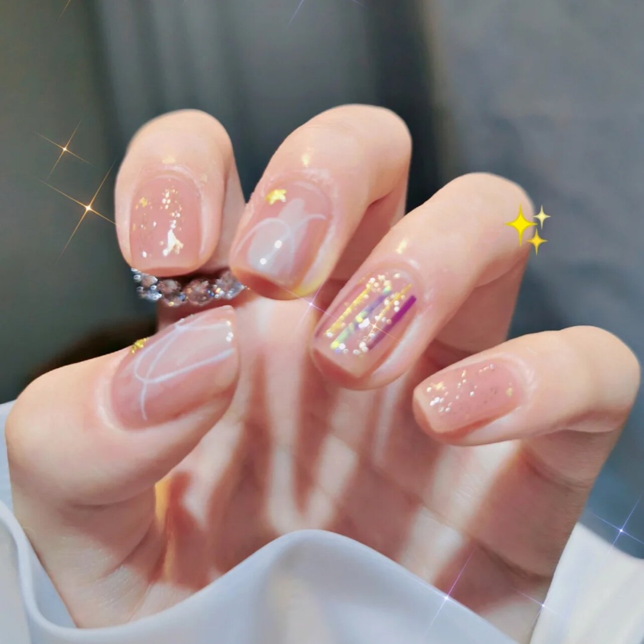 粉透玻璃纸山丘星星纯手工定制光疗美甲假指甲贴片穿戴甲片小红书