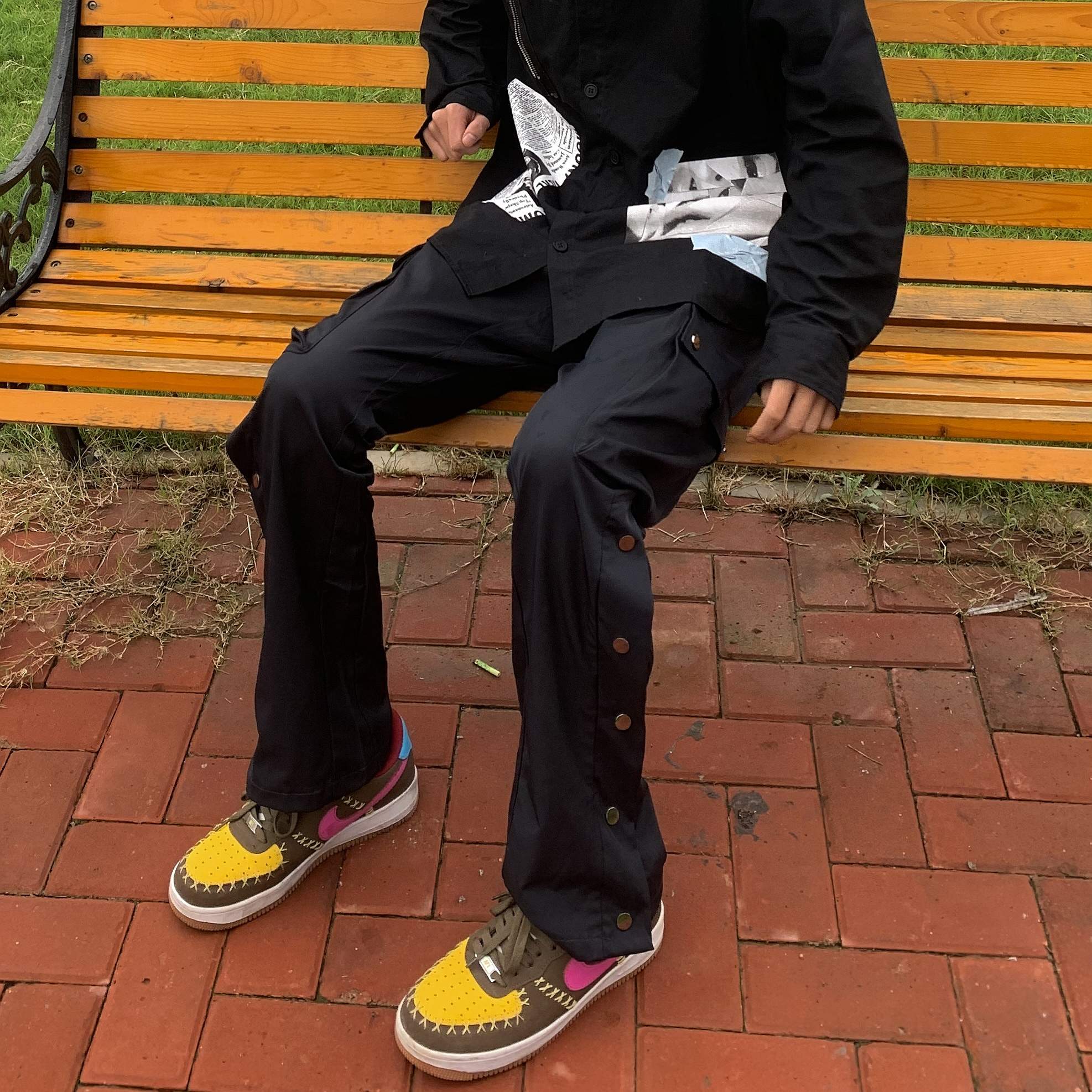 人间EK 国潮美式街头排扣喇叭修身大口袋工装裤百搭男女情侣包邮