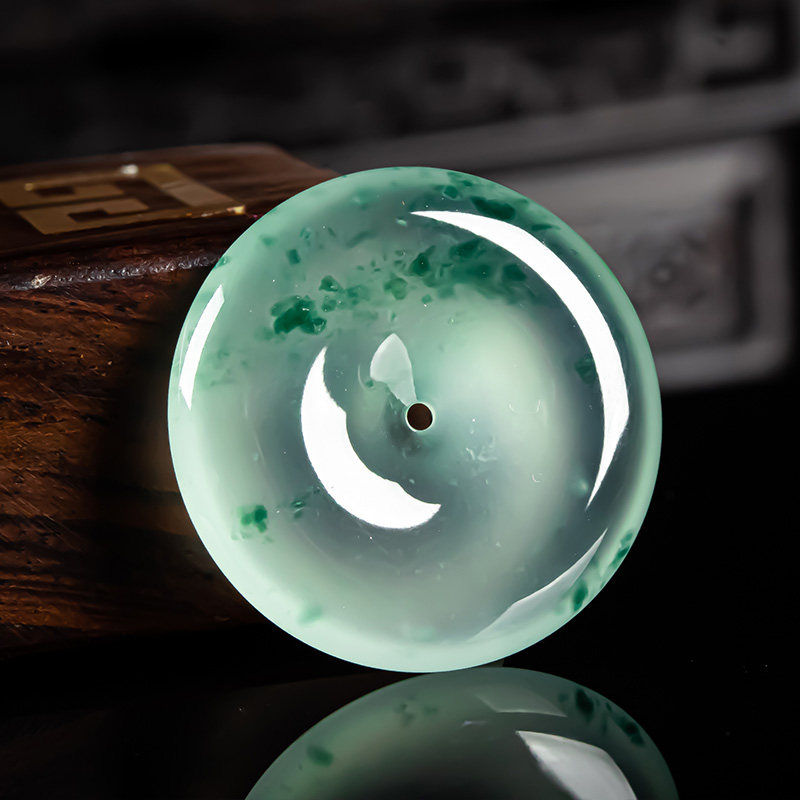 天然翡翠a货玻璃种飘花冰透高档男女款平安扣吊坠老坑冰玉扣挂件-mc母