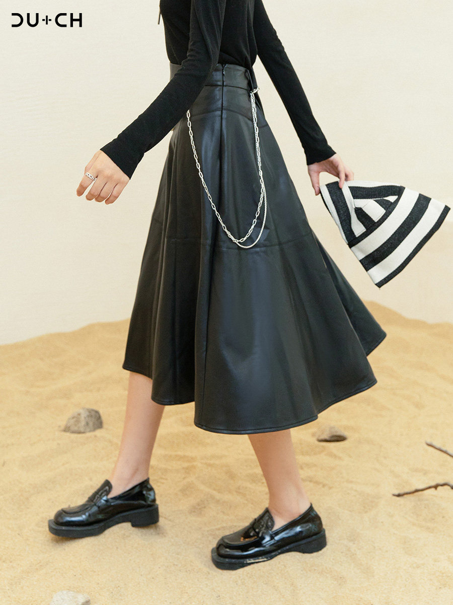 cu ch秋冬女韩版时尚潮流链条装饰中长款黑色半身皮裙