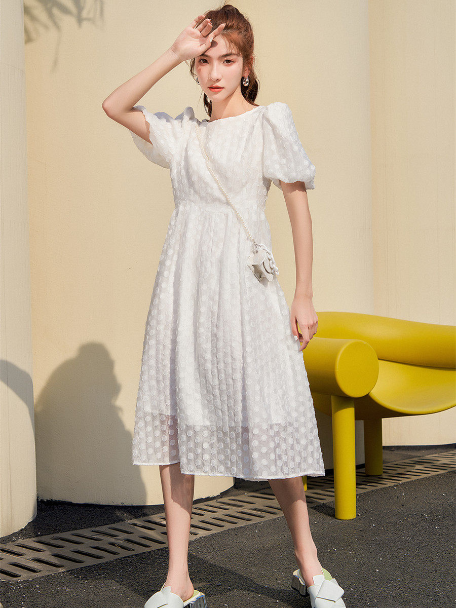 cu ch春夏女韩版清新甜美气质白色公主裙中长款连衣裙