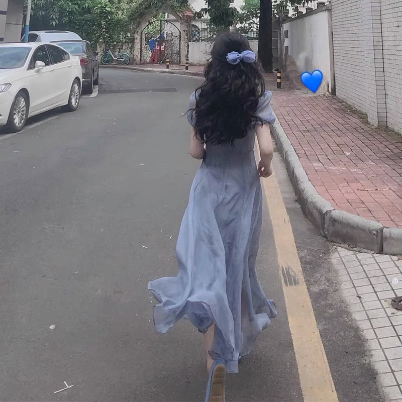 在逃公主vintage长裙复古初恋少女雾霾蓝连衣裙子2022夏季新款女