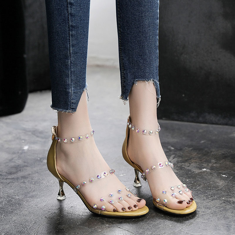 透明凉鞋一字中跟5cm细跟法式小跟露趾时尚时装凉鞋