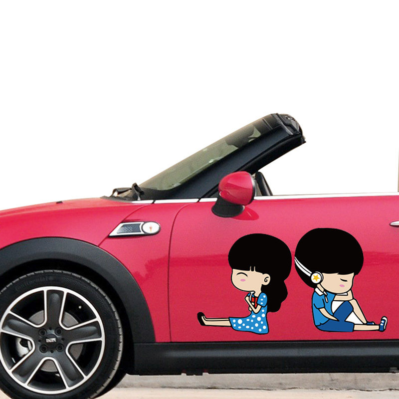 可爱卡通情侣汽车车门男女搞笑个性反光车贴汽车防雨