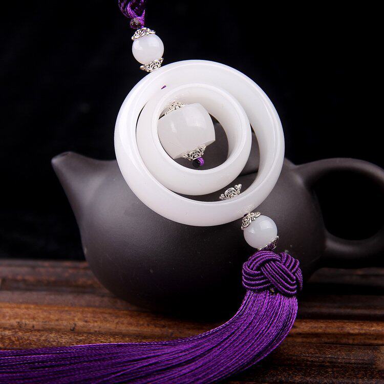 中国结时来运转白玉三环汽车挂饰风铃车内挂件玉石车挂