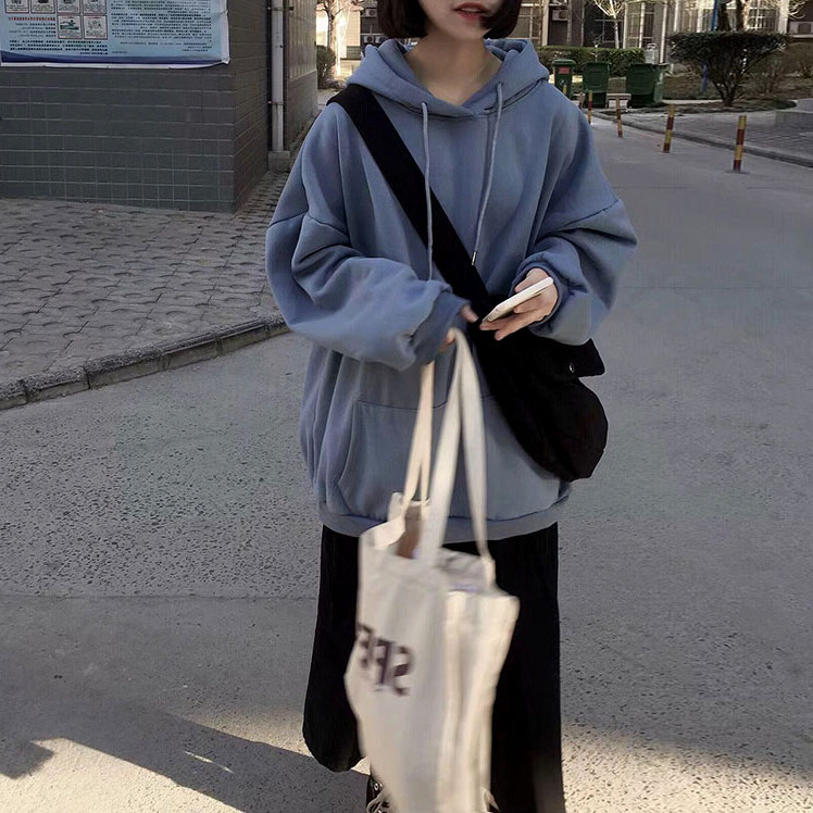 ins超火雾霾蓝卫衣女vintage加绒加厚厚外套慵懒卫衣