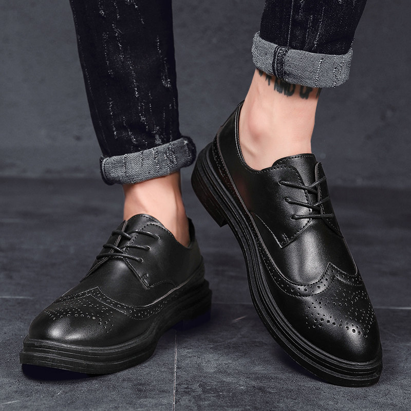 青少年皮鞋男夏季纯黑布洛克雕花英伦晚会演出高中初中学生小皮鞋