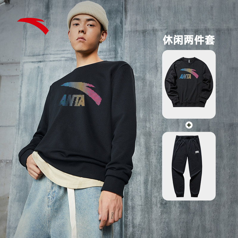 安踏休闲套装男官正品2021秋季新款黑色圆领运动套装