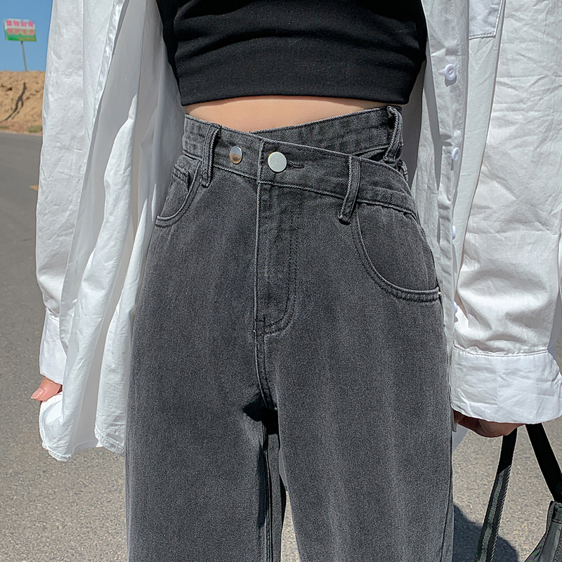 炸街高腰阔腿牛仔裤女直筒春秋冬季黑色烟灰色别致设计感欧美小众
