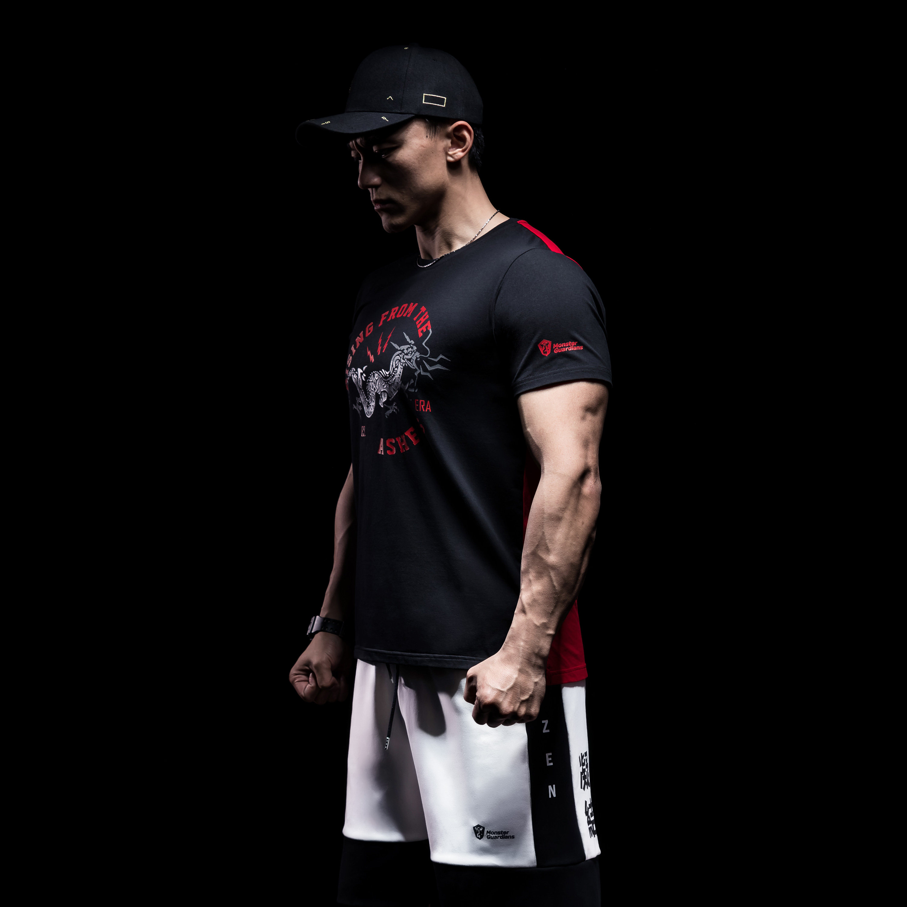 monsterguardians男子夏季红黑拼接短袖运动休闲吸汗透气运动t恤