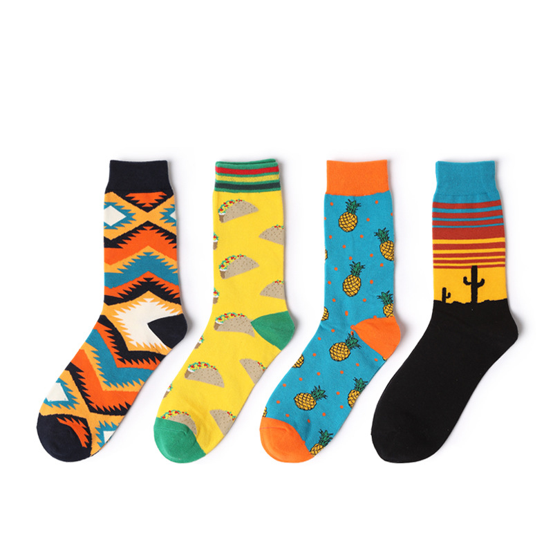 happy日落菠萝天空男士情侣图腾滑板全棉透气中筒袜