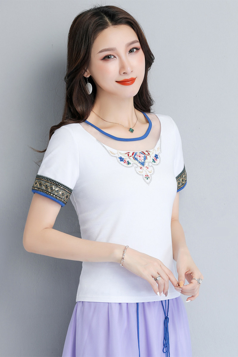 夏季刺绣中国国风绣花复古短袖夏装民族风修身民族服装