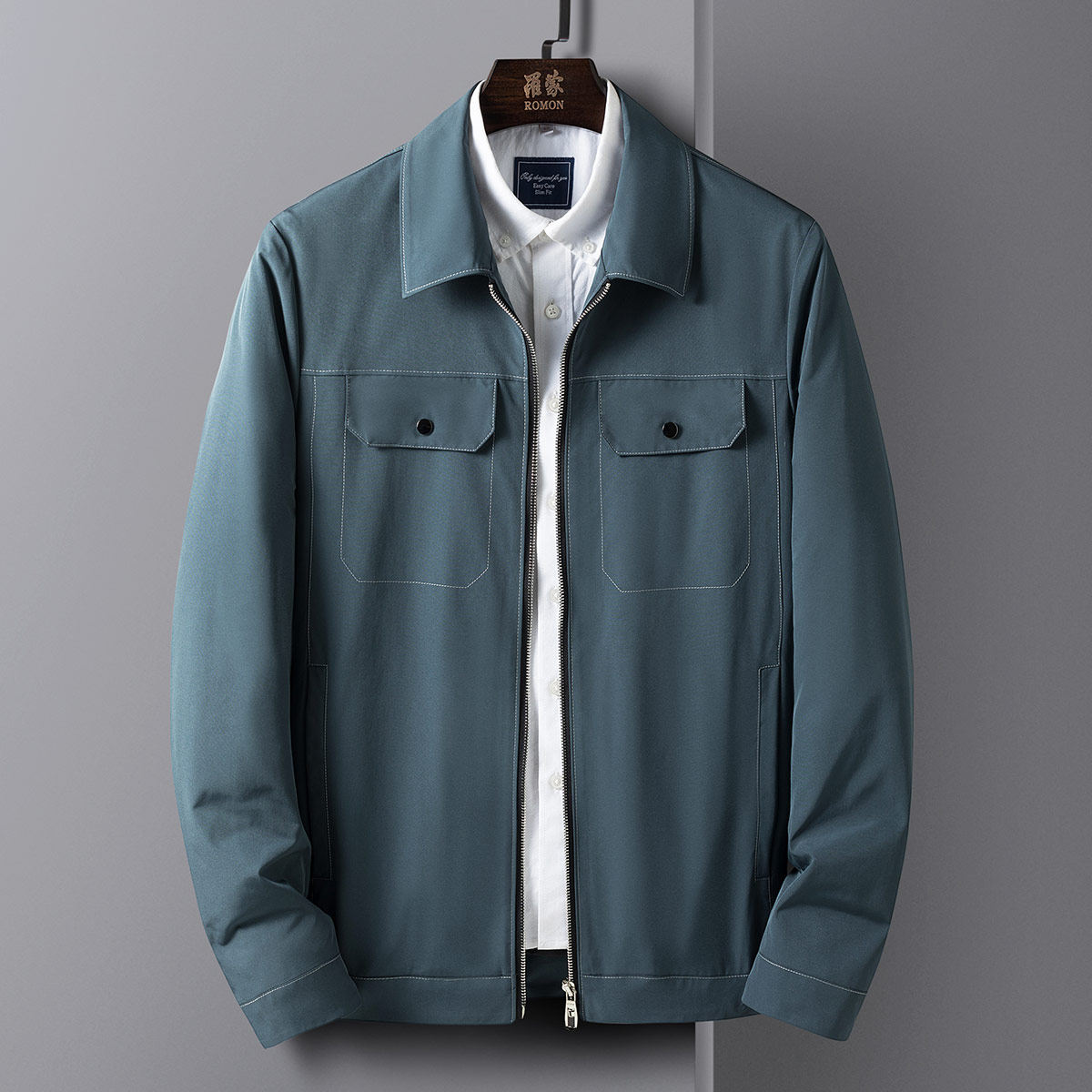 罗蒙翻领外套工装明线春秋新款爸爸纯色商务夹克