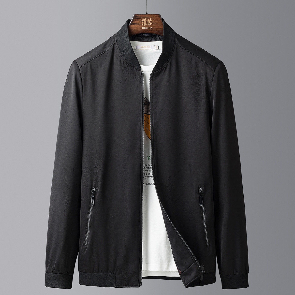 罗蒙男士夹克春秋中青年色织提花纯色拉链口袋夹克