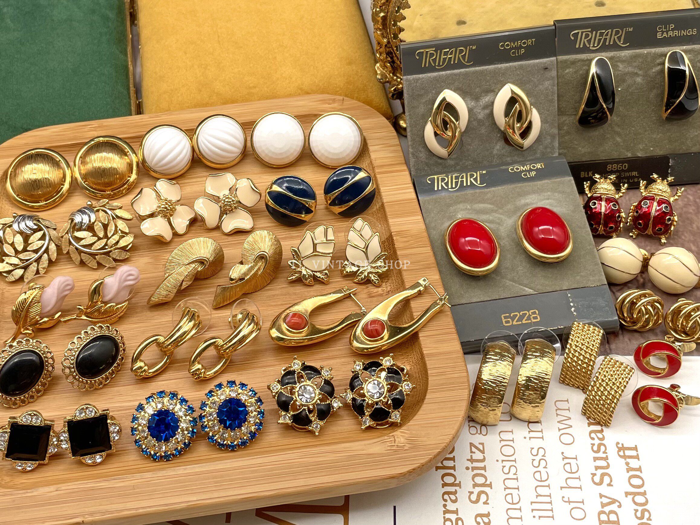 vintage美国古董首饰日常款小尺寸彩釉莱茵石复古耳夹