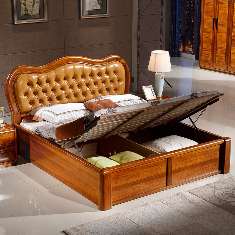 实木金丝檀木木床现代双人床18米软包真皮靠背实木床