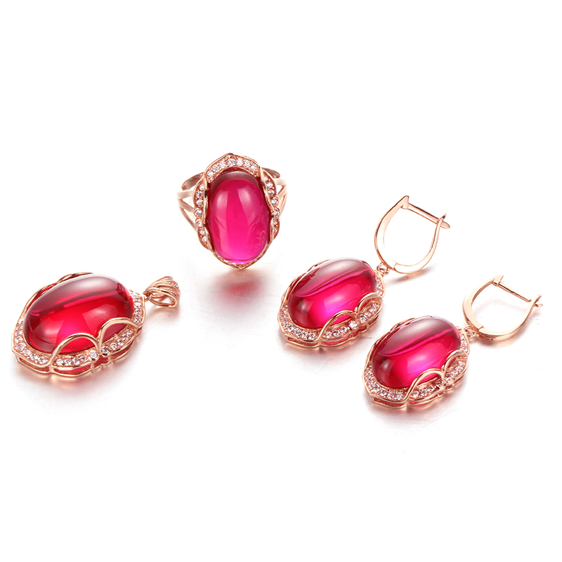 欧诗芙洛正品纯14k金俄罗斯585紫金红宝石套装戒指女彩金高贵侧花