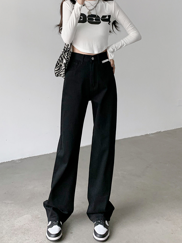 黑色牛仔裤女2022年新款高腰直筒宽松显瘦加绒拖地阔腿长裤子秋冬