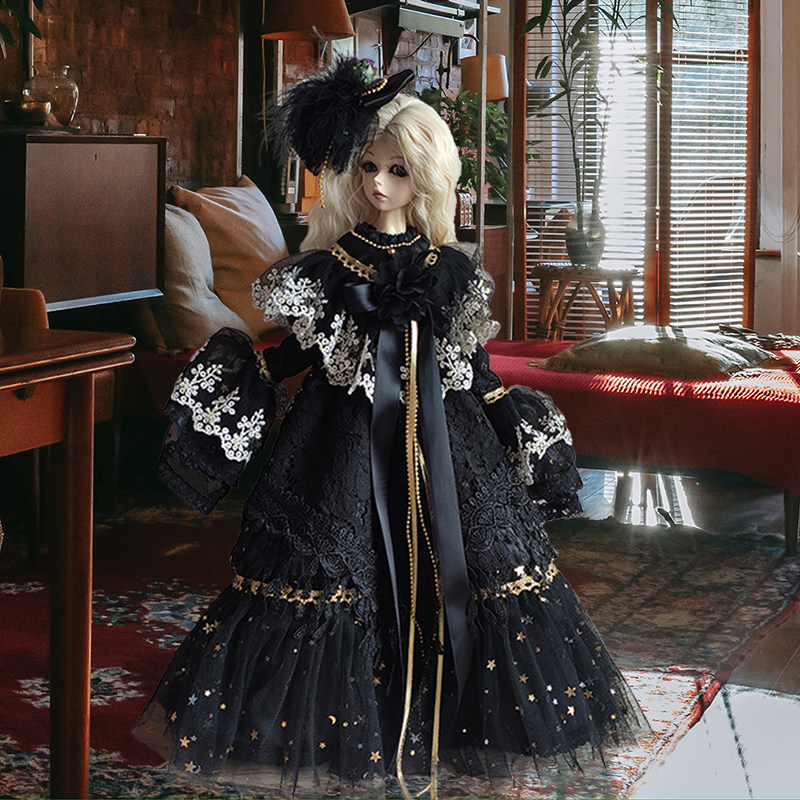 bjd4娃娃衣服哥特黑金刺绣蕾丝洋装裙子紫娃bjd