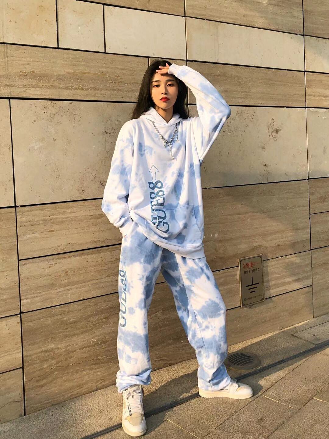 guess88rising联名正品扎染蓝白卫衣男女同情侣装七哥卫衣