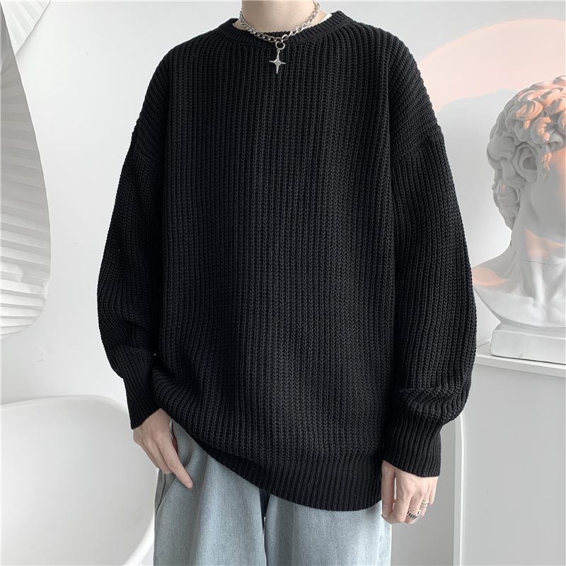 港味ins复古粗线圆领毛衣男韩版潮流针织衫秋冬季宽松纯色毛线衣
