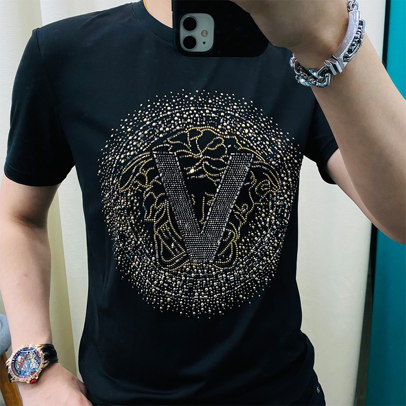 新款2022夏欧货爆款T恤潮牌潮流纯棉烫钻网红超火精神小伙短袖男