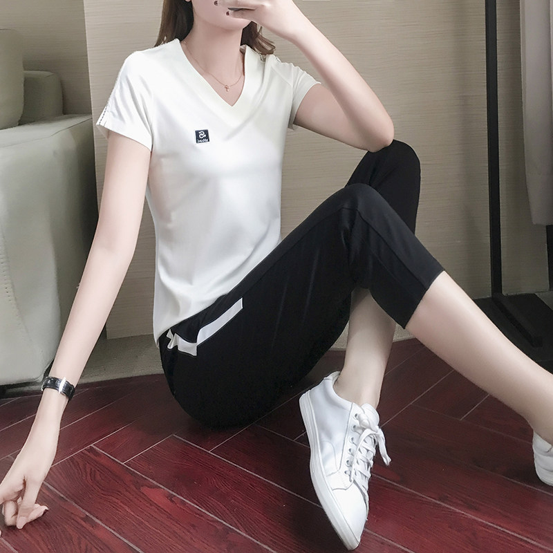 休闲运动套装女夏季宽松冰丝薄款短袖名牌跑步服妈妈七分裤两件套