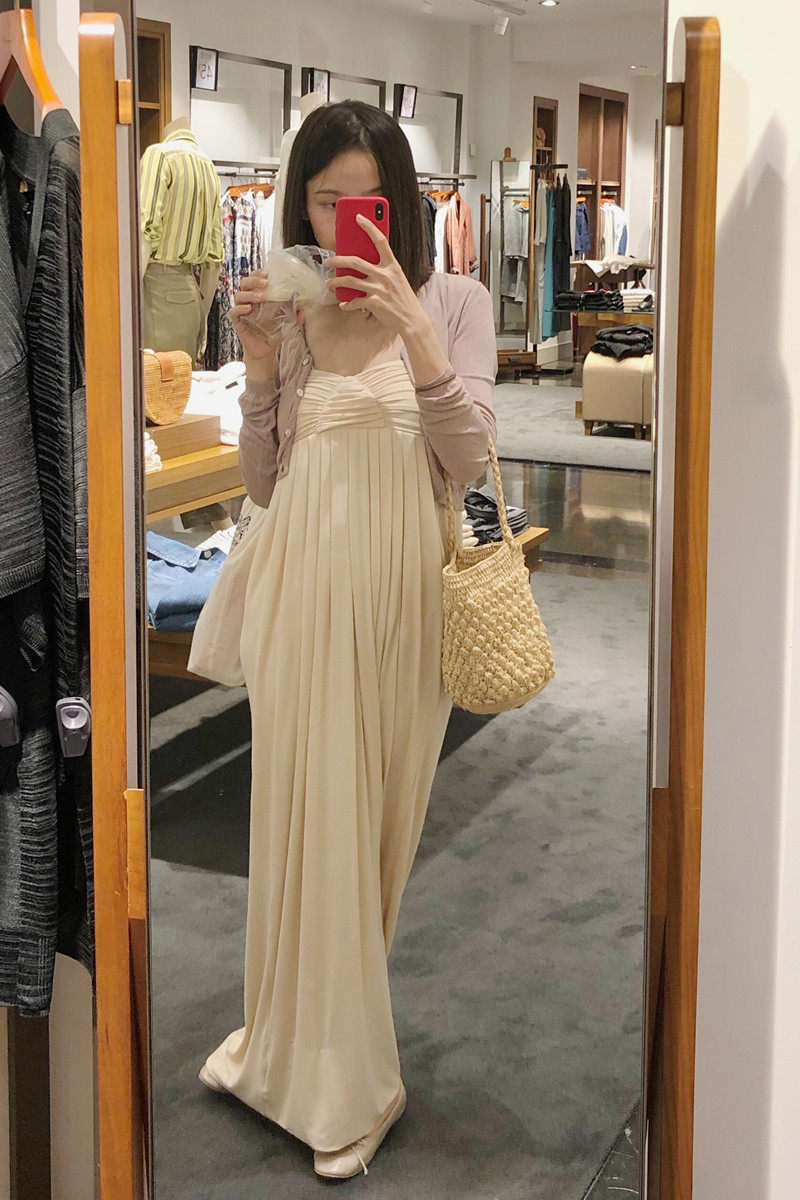 裹胸礼服式长款连衣裙纯色温柔米色长裙抹胸晚晚连衣裙