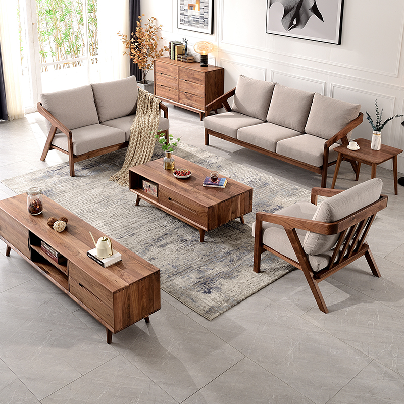 沙发实木北美胡桃木北欧组合家用三人位现代简约客厅家具实木沙发