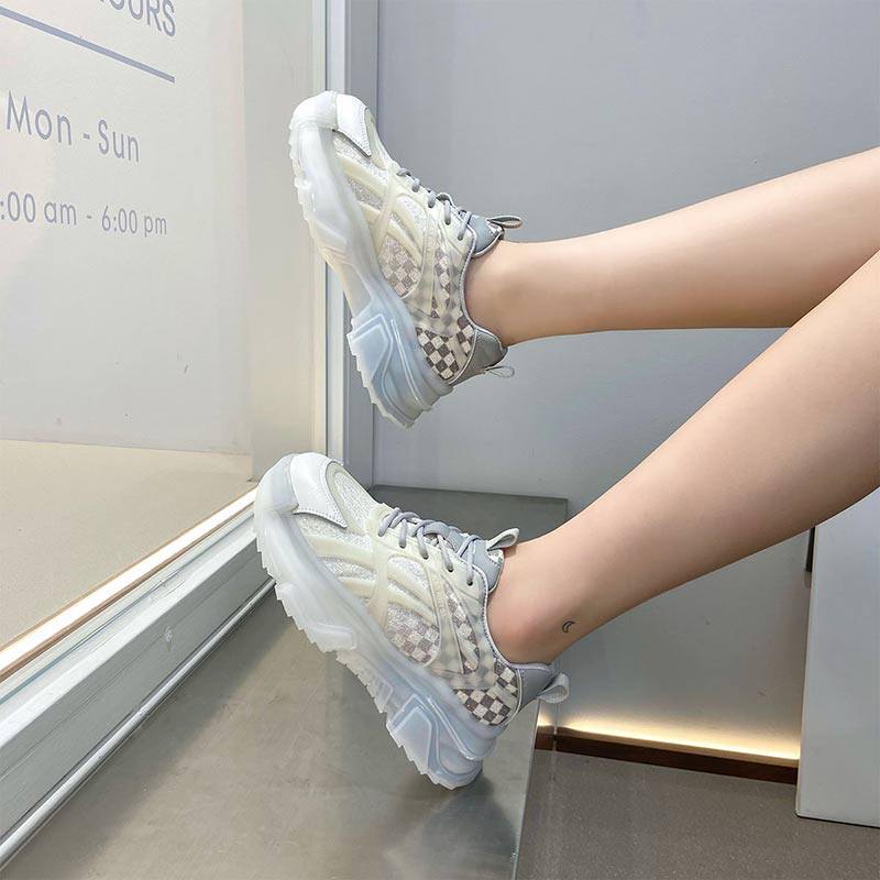 ins女鞋港风雅风老爹高级2022新款棋盘格灰色时尚休闲鞋