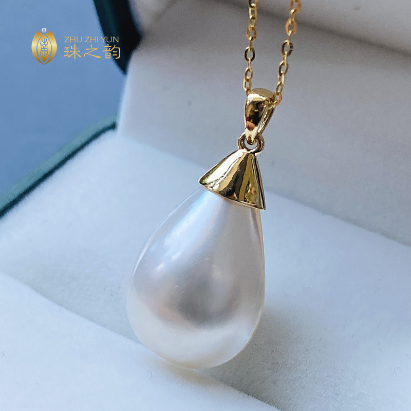 稀有18k高贵形透水滴金水滴项链双面珍珠海水颈饰