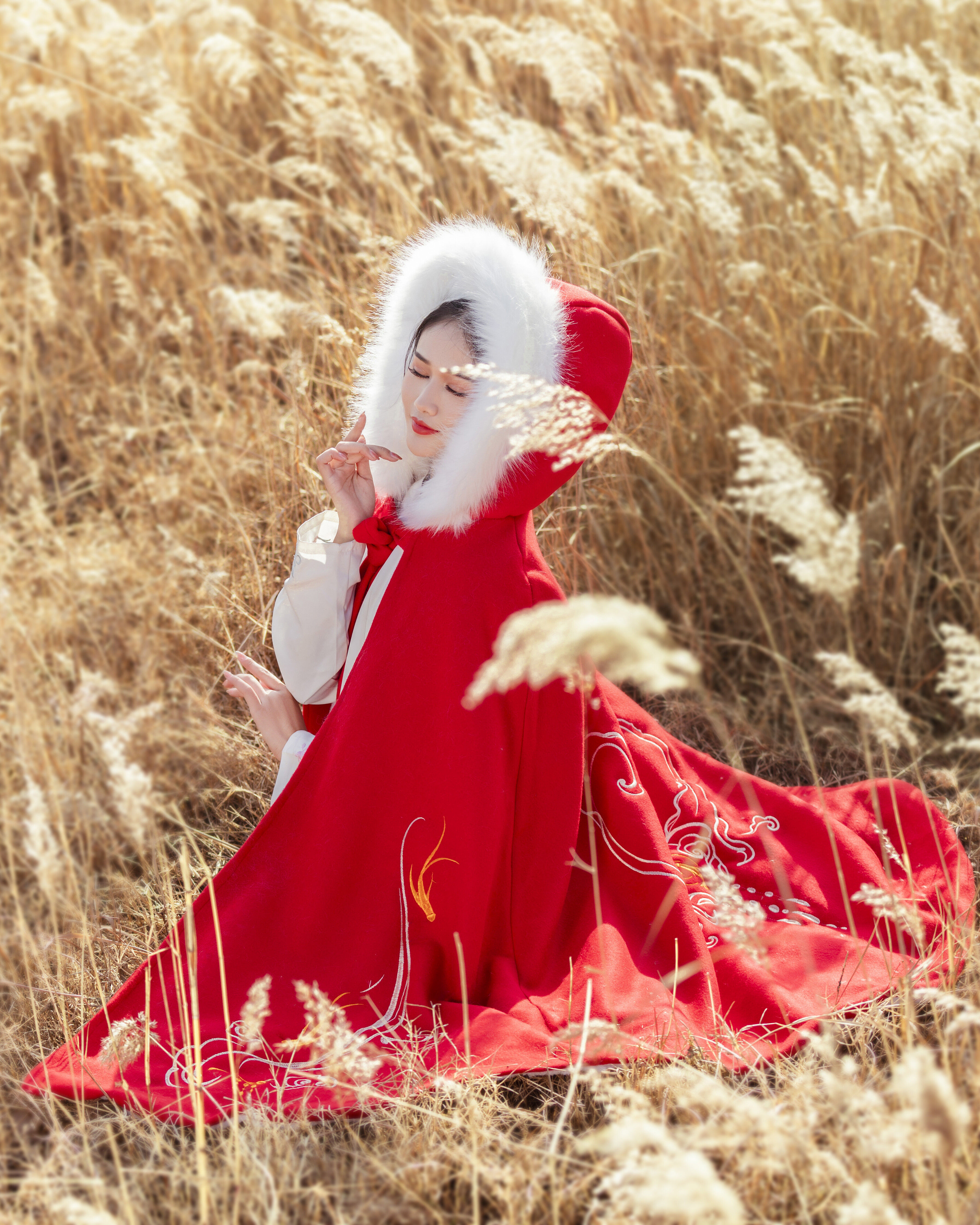 冬款中长连帽保暖加厚加绒斗篷鲤跃刺绣汉服民族服装