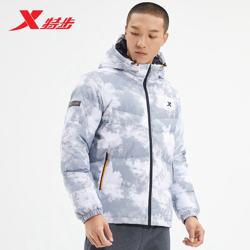 特步运动羽绒服2022秋冬新款防风保暖连帽外套运动羽绒服