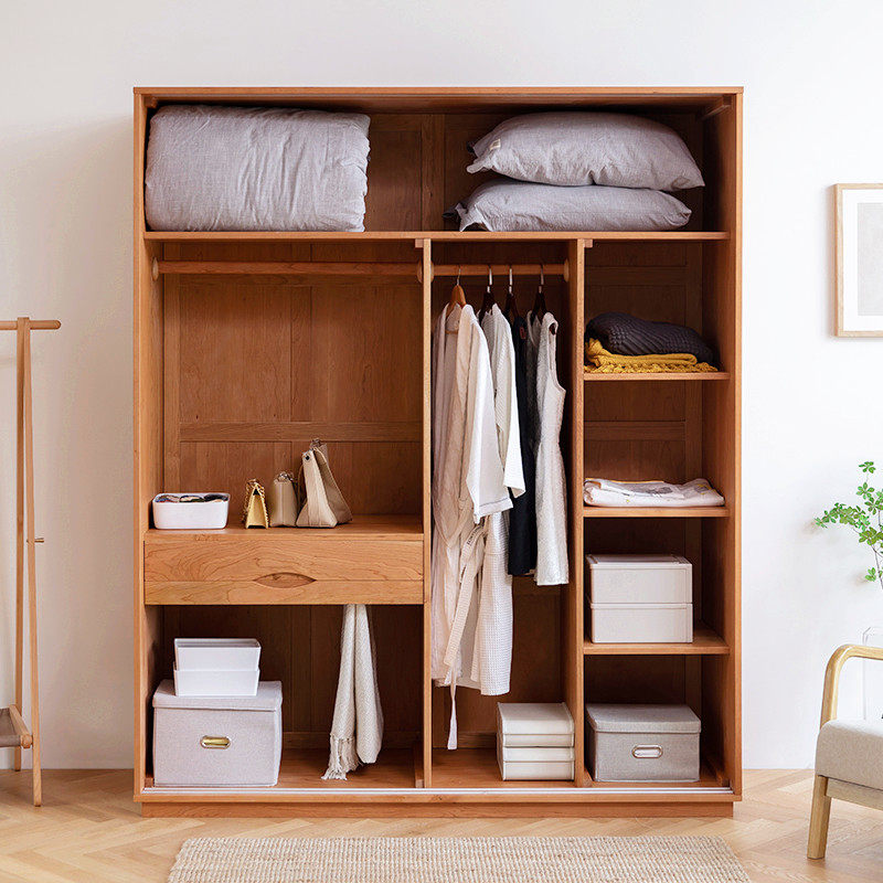 衣柜北欧日式实木现代简约樱桃桃木玻璃推拉门整体衣柜