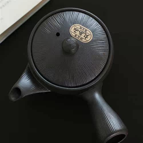 茶壶日本万古烧素黑筋纹横手急须日式茶具茶器led导光板