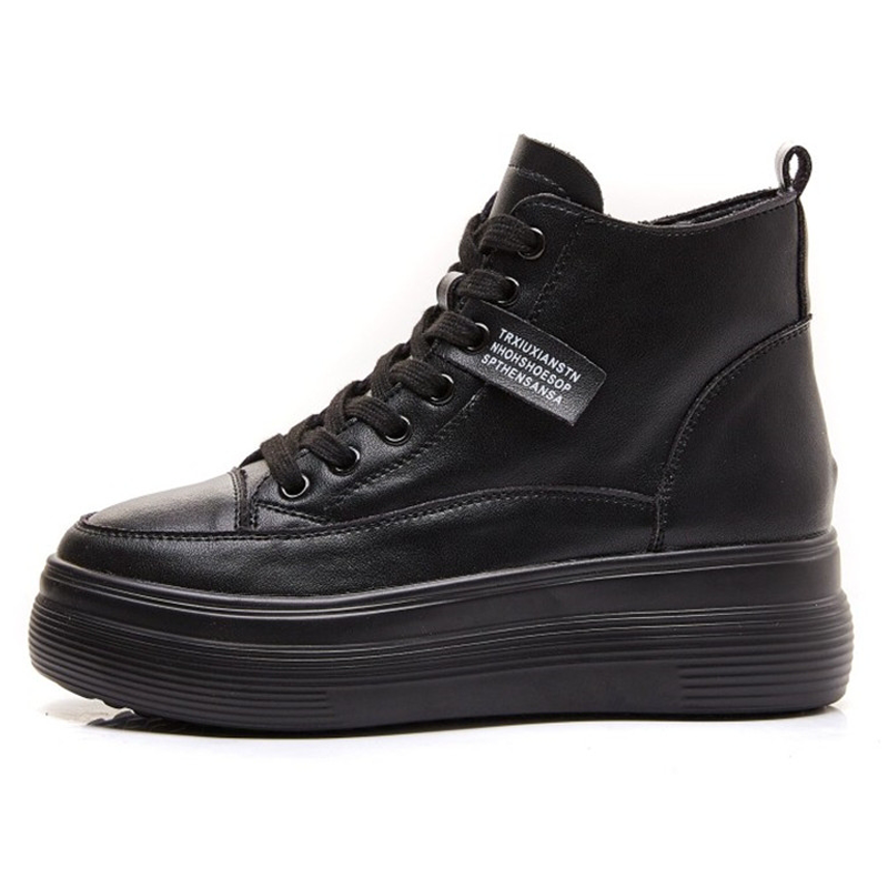 全黑鞋女厚底皮面中帮加绒黑色鞋子皮棉棉鞋高帮鞋