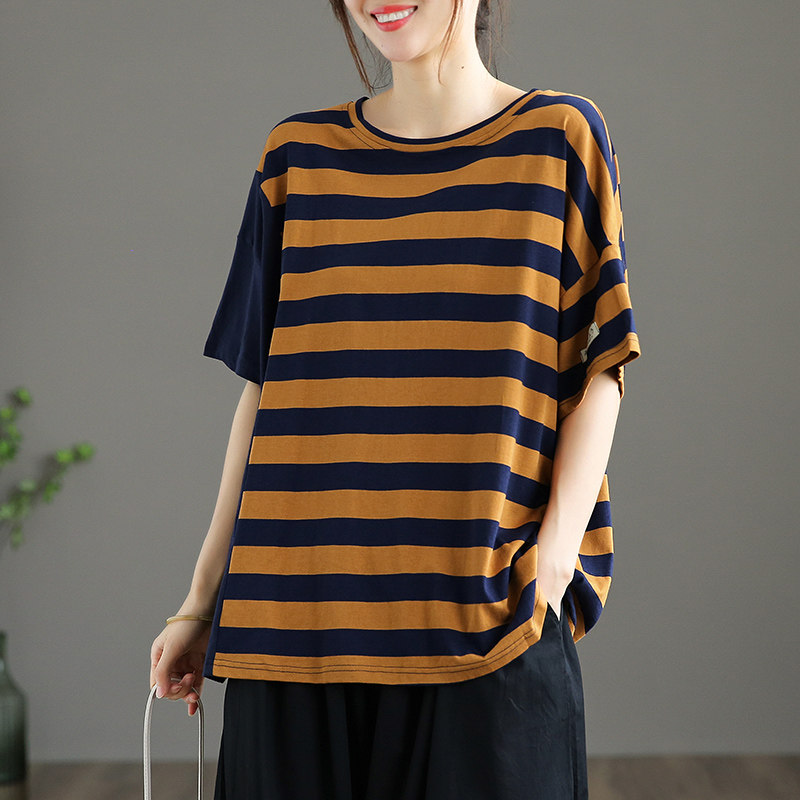 dza文艺复古短袖女士宽松大码条纹上衣新款t恤